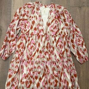 Jessica Simpson Pink and Brown Patterned Long Sleeve Dress Size Large